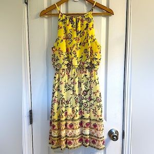 Francesca's Collection "Blue Rain" Yellow and Pink Flower Dress. Size Medium